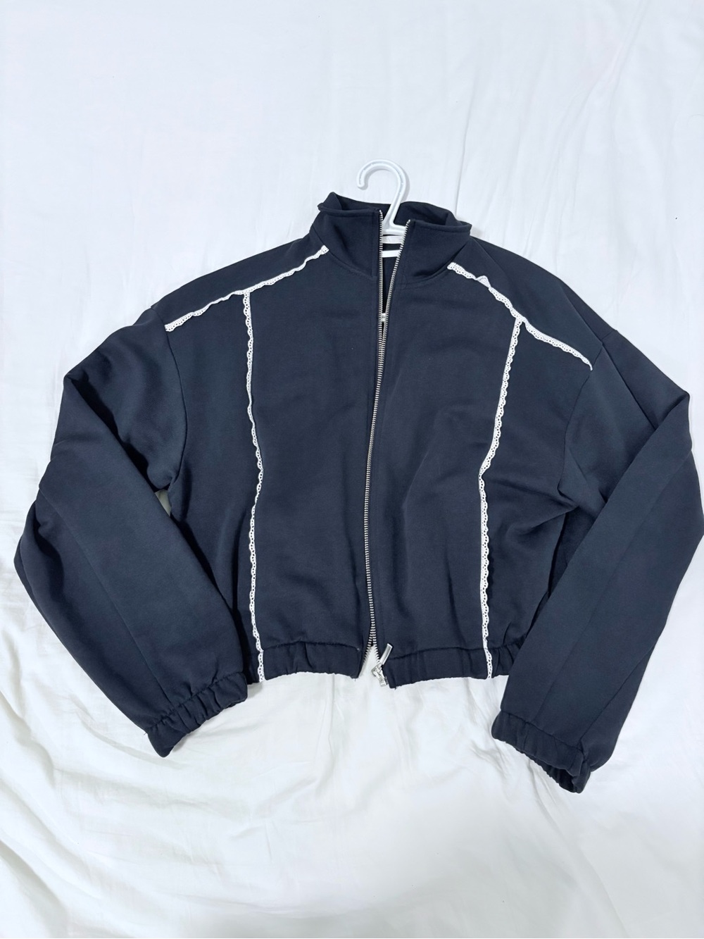 Zara Navy Lace Trim Zip Up Jacket